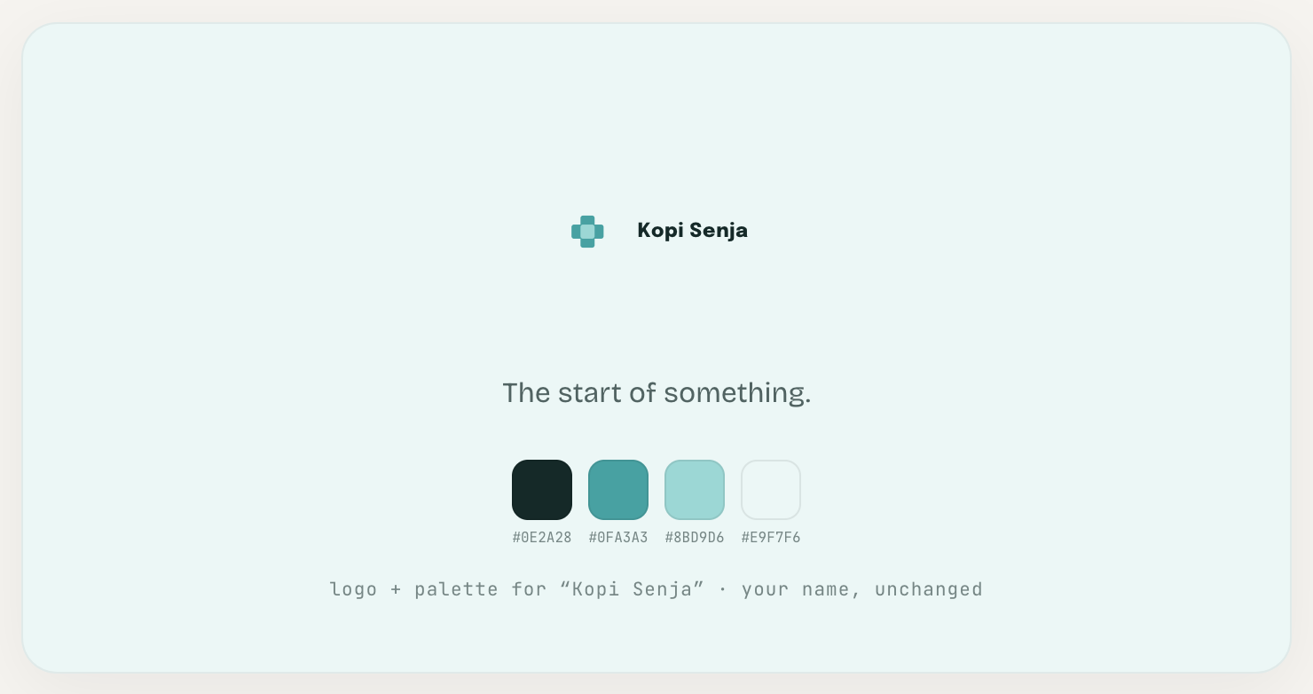 Hasil Brand Starter buat nama Kopi Senja: logo sederhana, tagline, dan palet warna